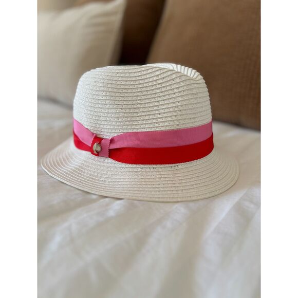 Kate Spade White Fedora with Pink Ribbons & Charm - Picture 1 of 3